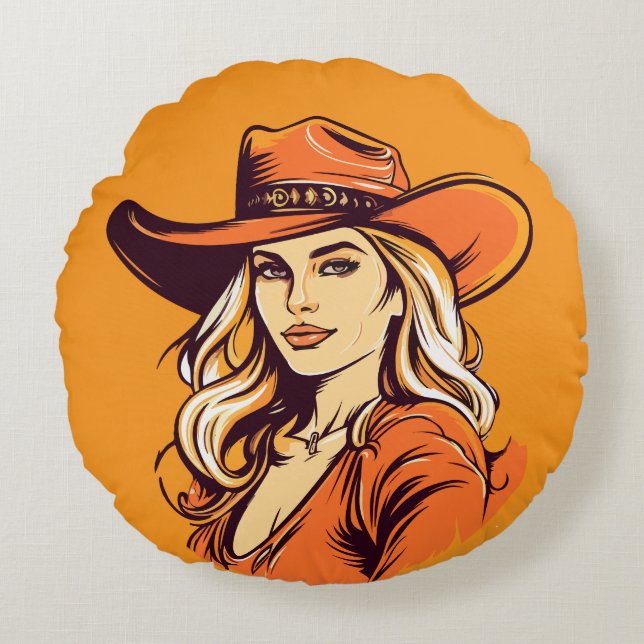 Almofada Redonda Cowgirl Hat Woman Illustration (Frente)