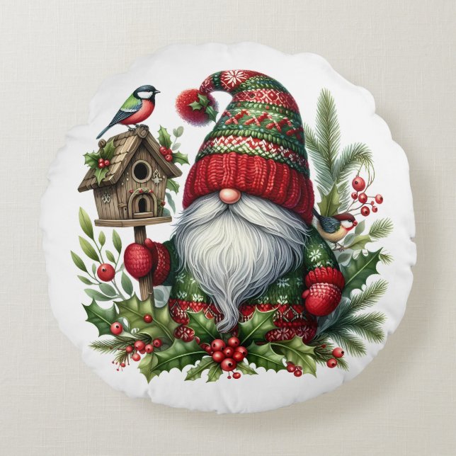 Almofada Redonda Cozy Christmas Gnome Art – Festive Holiday (Frente)