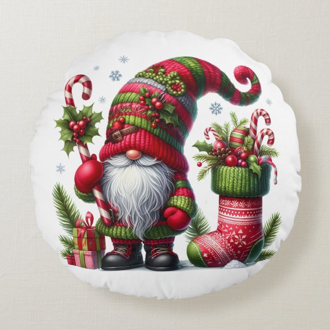 Almofada Redonda Cozy Christmas Gnome Art – Festive Holiday (Frente)