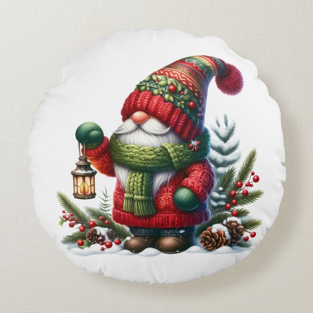 Almofada Redonda Cozy Christmas Gnome Art – Festive Holiday (Frente)