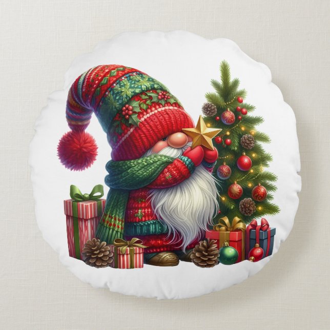 Almofada Redonda Cozy Christmas Gnome Art – Festive Holiday (Frente)