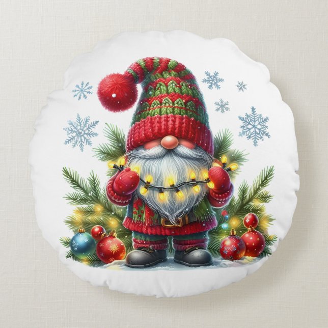 Almofada Redonda Cozy Christmas Gnome Art – Festive Holiday (Frente)