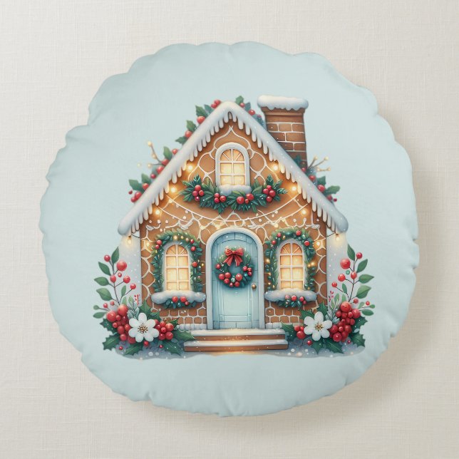 Almofada Redonda Cozy Gingerbread House Holiday Illustration (Frente)