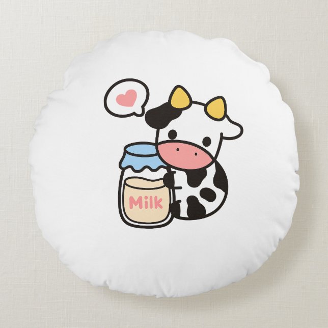 Almofada Redonda Cozy Kawaii - Vaca e Jar Leite (Frente)