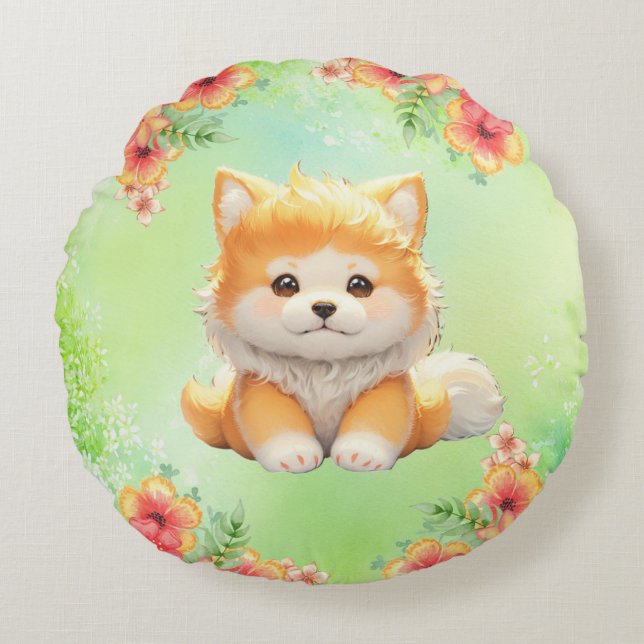 Almofada Redonda Cozy Puppy com flores florescentes Arte Aquecedora (Frente)