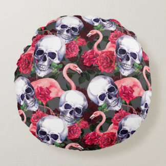Almofada Redonda Crânio floral, padrão uniforme de flamingo.