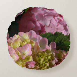 Almofada Redonda Creme cor-de-rosa Hydrangeas amarelas cor-de-rosa