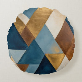 Almofada Redonda Creme de bronze azul e abstrato geométrica dourada