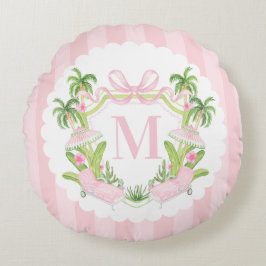 Almofada Redonda Crestão Monograma de Palm Beach Pink Loungers