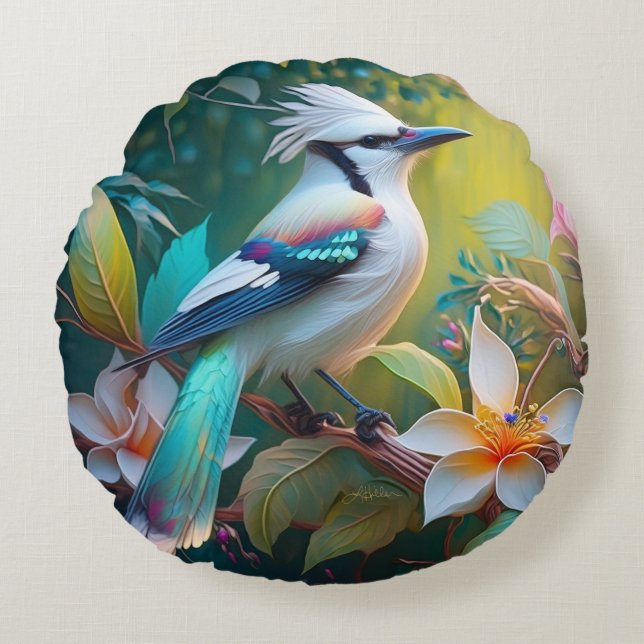 Almofada Redonda Crested Teal Winged Jay (Frente)