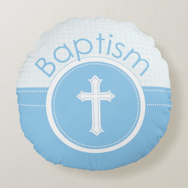 Almofada Redonda Criança Azul e Personalizável do Batismo de Deus (Frente)