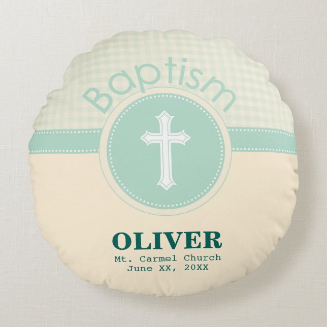 Almofada Redonda Criança de Deus, Batismo, Sexo Verde Neutro (Frente)