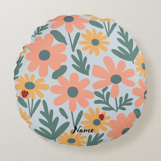 Almofada Redonda crianças Cute Ladybug Bolinhas Daisy Flower Padrão (Frente)
