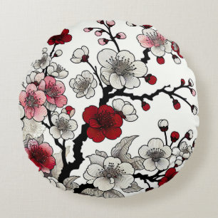 Almofada Redonda Crimson Blossom Elegance - Flora Inspirada no Japo