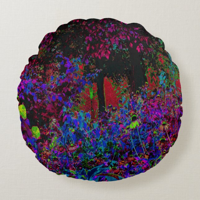 Almofada Redonda Crimson Red e Black Garden Sunrise Psicodélica (Frente)