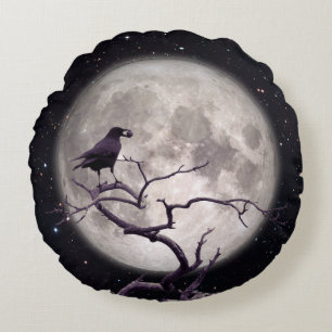 Almofada Redonda Crow and Moon, Crow Art, Raven, Gothic, Night