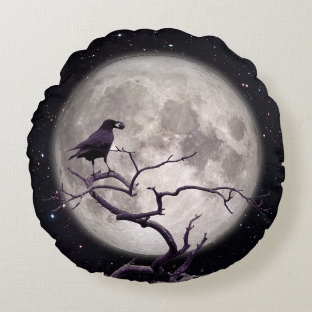 Almofada Redonda Crow and Moon, Crow Art, Raven, Gothic, Night (Frente)
