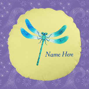 Almofada Redonda Cugado como um Dragonfly azul Inseto em amarelo cl