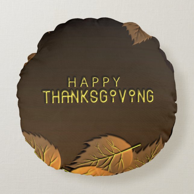 Almofada Redonda Cumprimentos felizes da acção de graças com folhas (Frente)