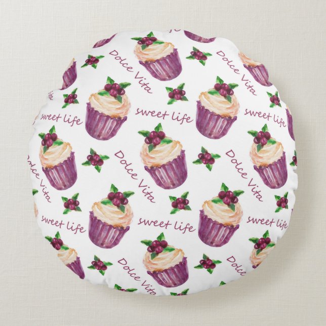 Almofada Redonda Cupcakes de aquarela (Frente)