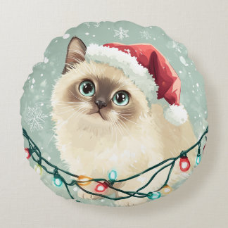Almofada Redonda Cushion de um gato com chapéu de Natal