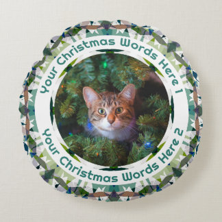 Almofada Redonda Custom Christmas Green Brown Purple Family Photo