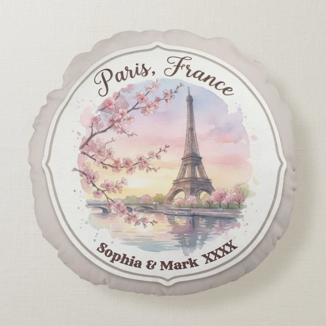 Almofada Redonda Custom Couple's Paris & Cherry Blossom Keepsake (Frente)