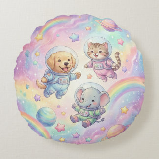 Almofada Redonda Cute Animal Astronauts Galaxy Round Throw Pillow