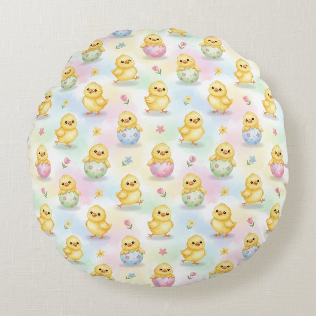 Almofada Redonda Cute Baby Chick Watercolor Easter (Frente)