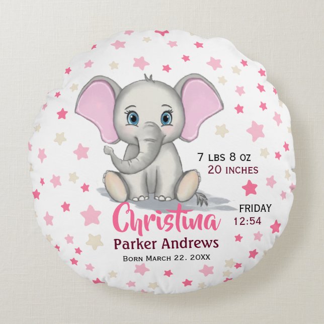 Almofada Redonda Cute Baby Elephant with Pink Ears Girl Birth Stats (Frente)