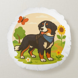 Almofada Redonda Cute Bernese Mountain Dog with Sunflower & Butterf
