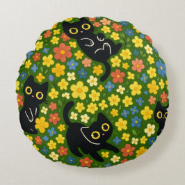 Almofada Redonda Cute Black Cats Floral Meadow Pattern