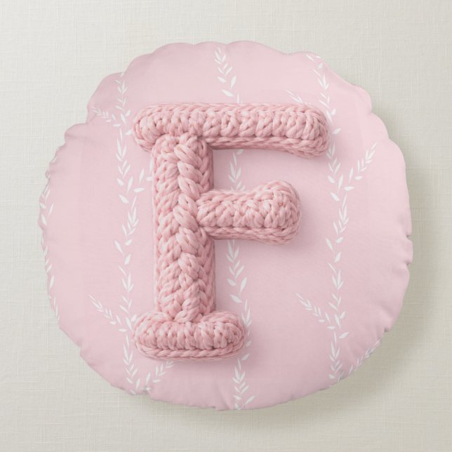 Almofada Redonda Cute boho pink crocheted letter F Round Pillow (Frente)