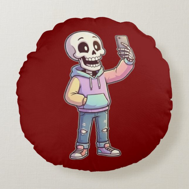 Almofada Redonda Cute Cartoon Skeleton Selfie - Full Body Trendy  (Frente)