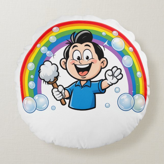 Almofada Redonda Cute Cleaning Mascot Rainbow Cartoon Design Art (Frente)
