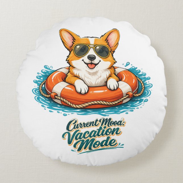 Almofada Redonda Cute Corgi "Vacation Mode" Summer Design (Frente)