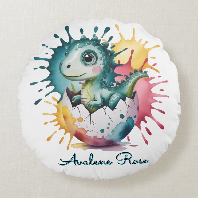 Almofada Redonda Cute Dinosaur with Watercolor Splash Baby Shower (Frente)