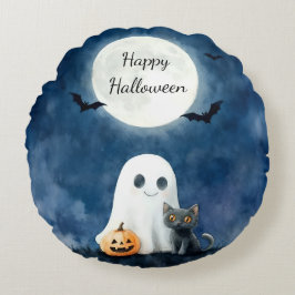 Almofada Redonda Cute Fantasma e Gato Preto no Halloween