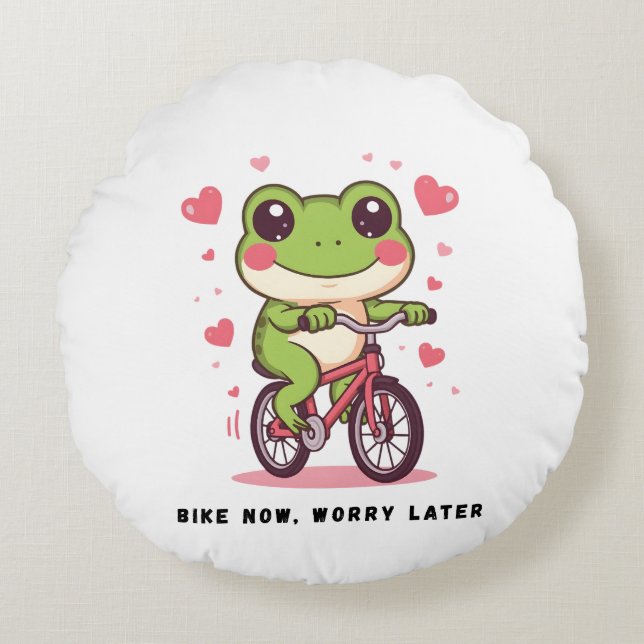 Almofada Redonda Cute Frog Riding Bicycle | Funny Frog Lover Gift (Frente)