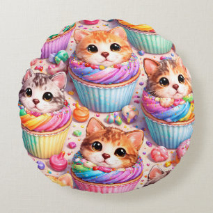 Almofada Redonda Cute gatinhos e cupcakes de cupcake, travesseiro a