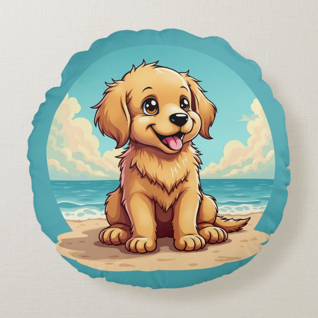 Almofada Redonda Cute Golden Puppy at Sunny Beach Scene (Frente)