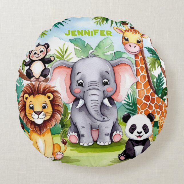 Almofada Redonda Cute Kids Safari Selva Animal Personalizado Nome (Frente)