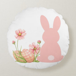 Almofada Redonda Cute Pink Easter Bunny with Spring Flowers 
