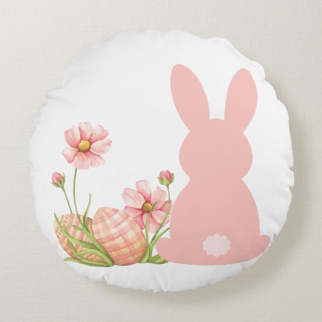Almofada Redonda Cute Pink Easter Bunny with Spring Flowers  (Frente)