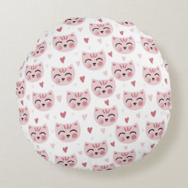Almofada Redonda Cute Pink Kittens and Hearts Pattern for Kids