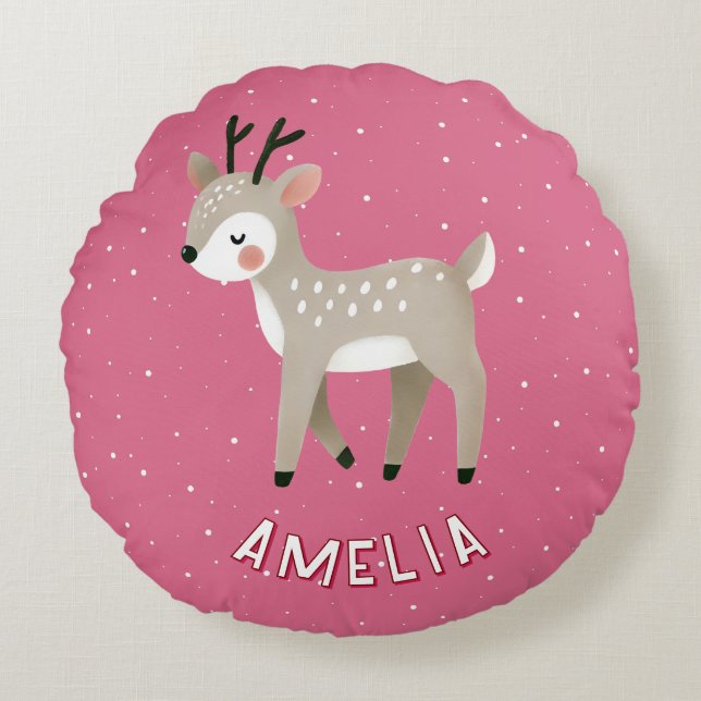 Almofada Redonda Cute Pink Reindeer Kid`s Name Christmas (Frente)