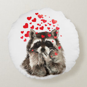 Almofada Redonda Cute Raccoon soprando beijo amor corações animais