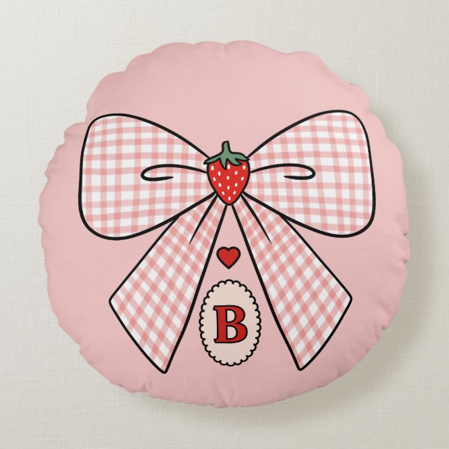 Almofada Redonda Cute Retro Monogram Initials Strawberry Coquette (Frente)