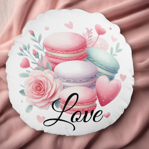 Almofada Redonda Cute Rosa e Branco Amor Macaron & Corações