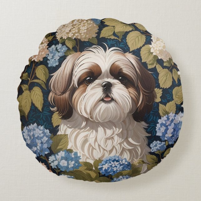 Almofada Redonda Cute Shih Tzu Puppy Blue hydrangea flores (Frente)